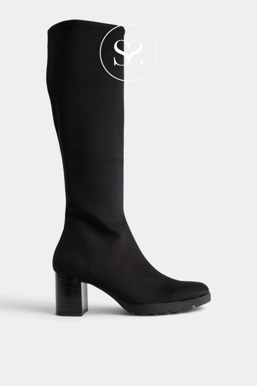 A black knee-high sock boot with a block heel, shown in profile against a light grey background. A white circular logo watermark is visible near the top of the boot.