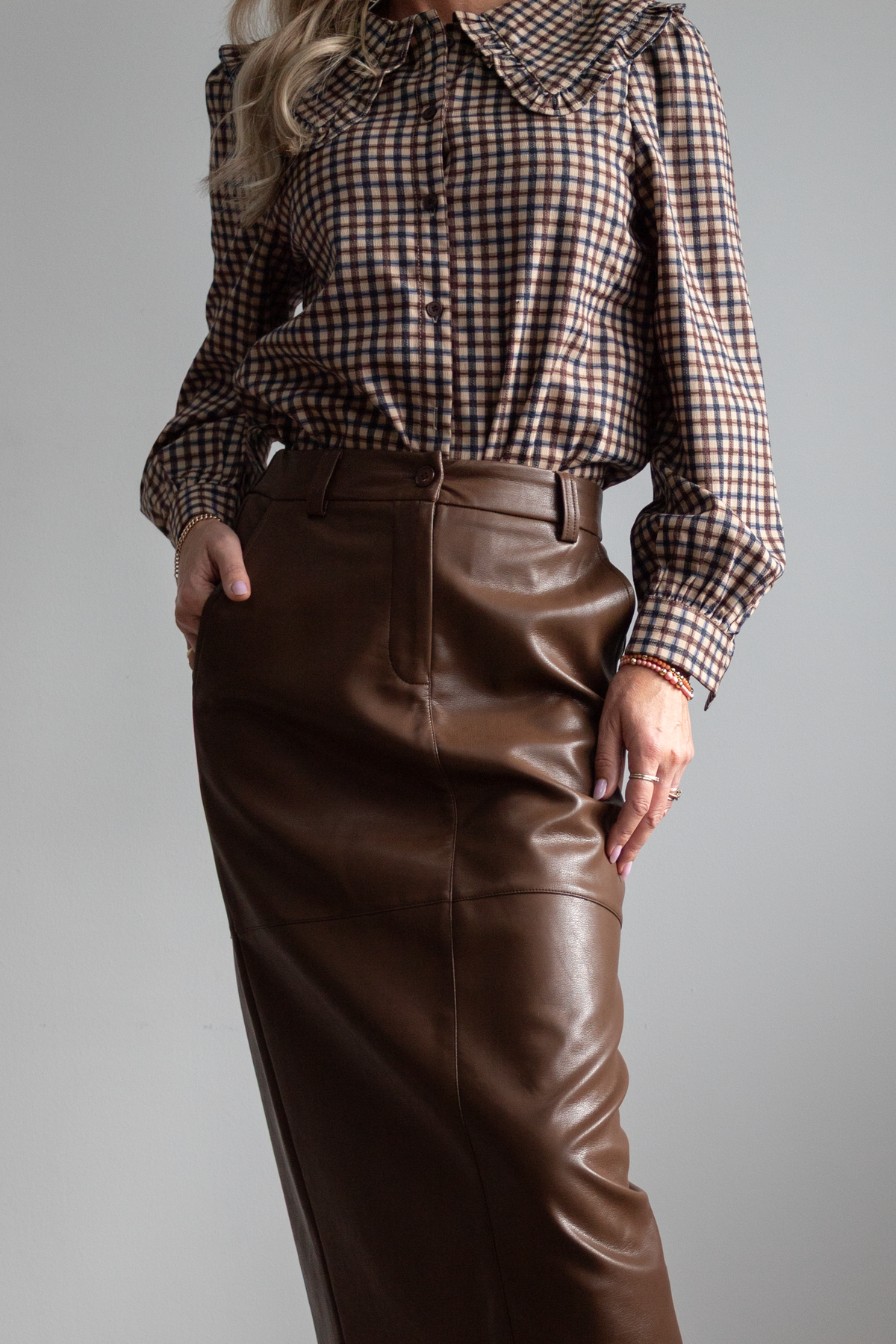 Brown Coated Straight Midi Skirt — Jouma