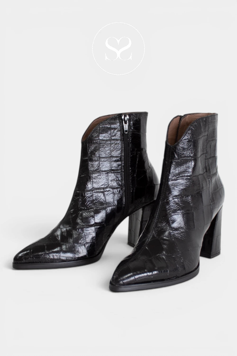 Women’s black crocodile-print ankle boots with a glossy textured finish for a bold, polished look - Ireland