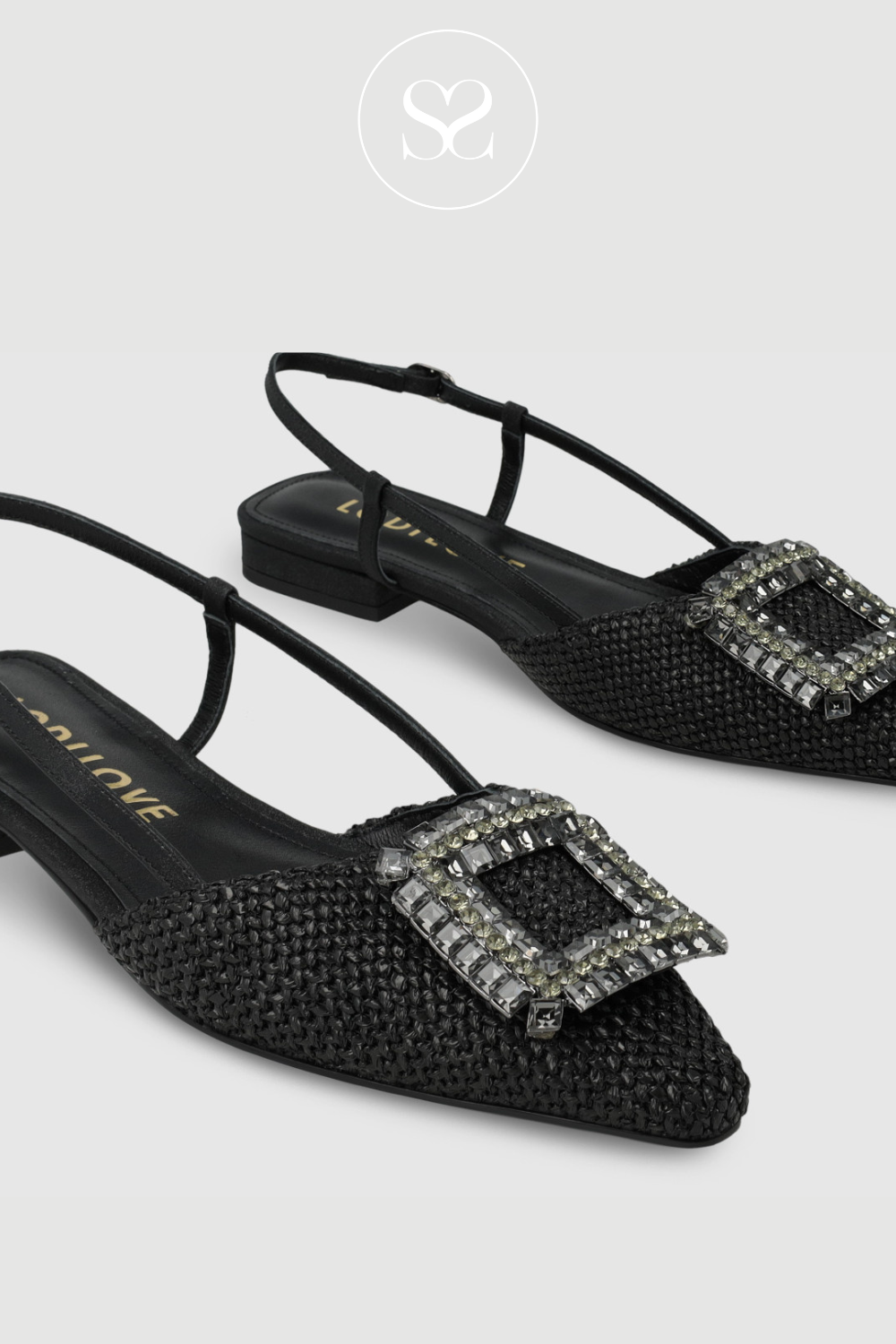 LODI BO5504 BLACK RATTAN POINTED TOE SLINGBACK PUMPS WITH FLAT LOW BLOCK HEEL AND ADJUSTABLE STRAP