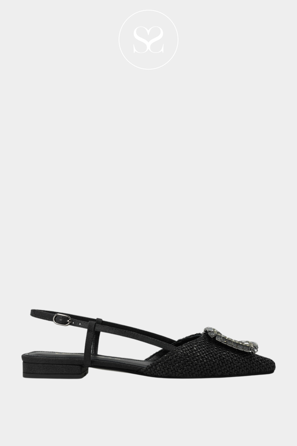 LODI BO5504 BLACK RATTAN POINTED TOE SLINGBACK PUMPS WITH FLAT LOW BLOCK HEEL AND ADJUSTABLE STRAP
