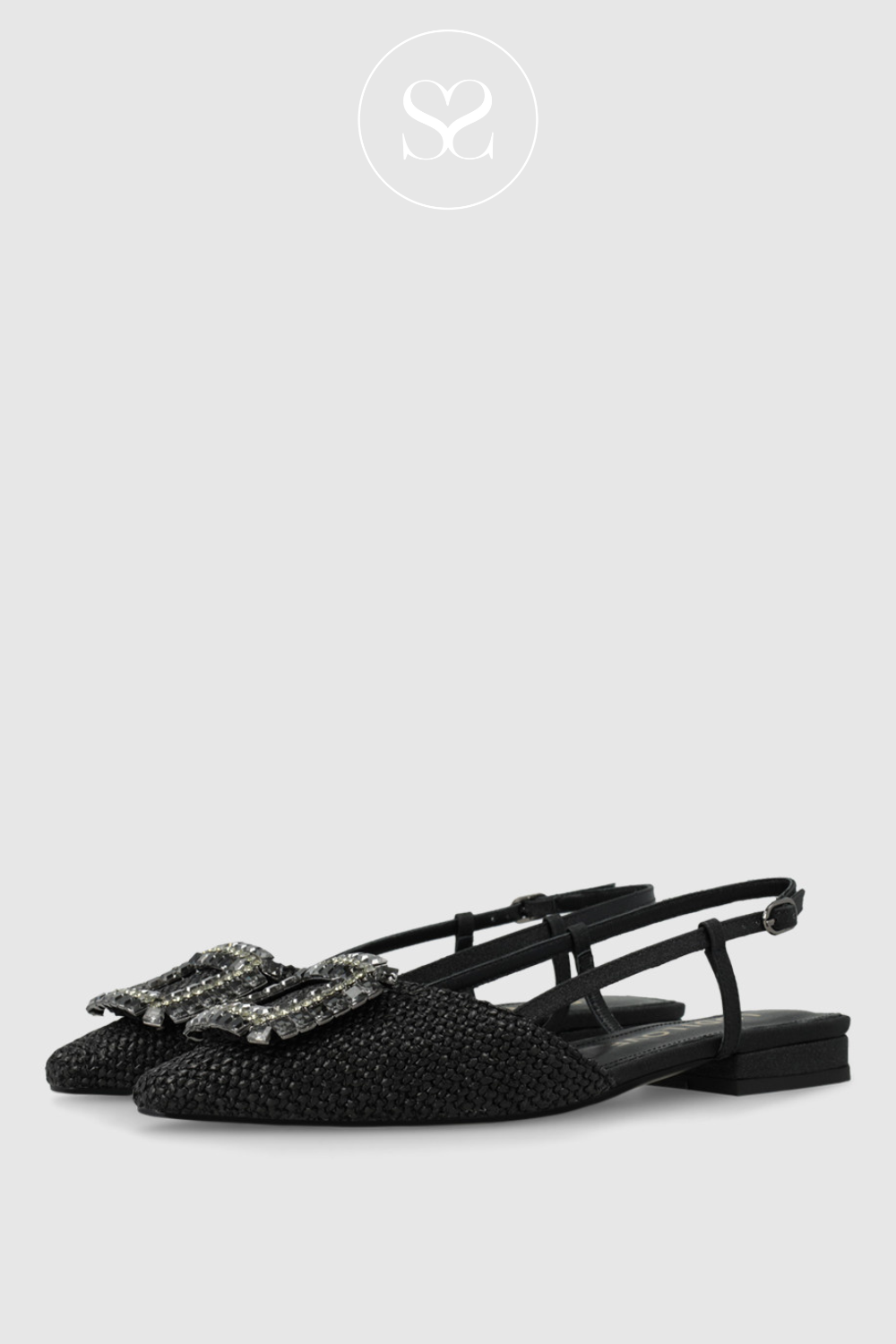 LODI B05504 BLACK RATTAN PUMPS WITH POINTED TOE AND JEWELLED SQUARE DIAMANTE