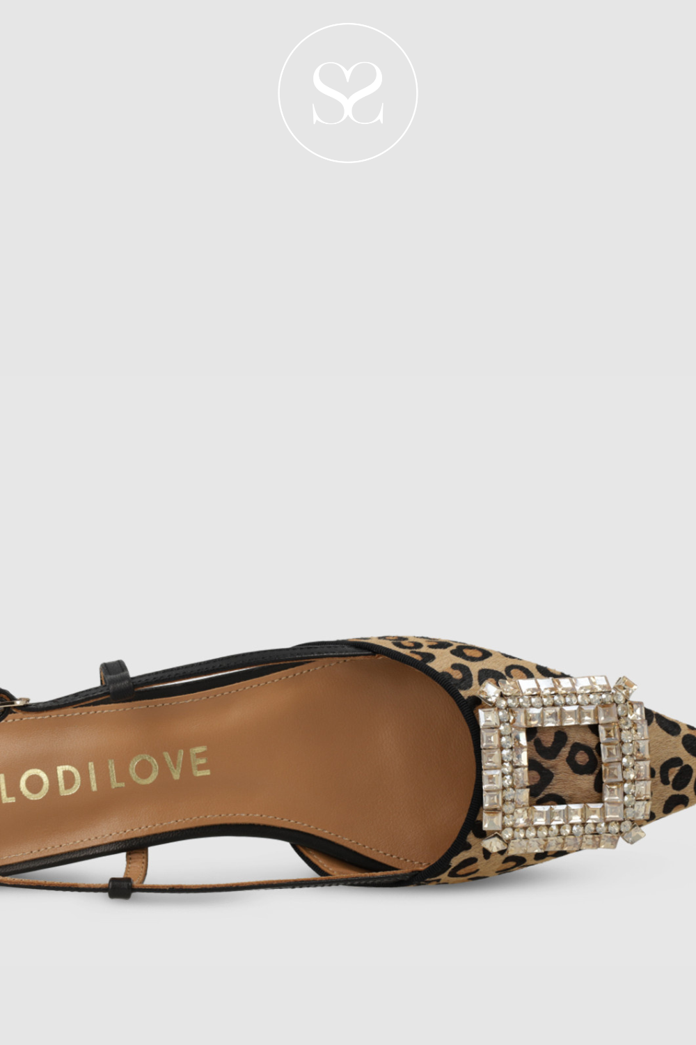 LODI BO5504 LEOPARD PRINT POINTED TOE SLINGBACK WITH ADJUSTABLE STRAP. FLAT DRESSY PUMP WITH SQUARE DIAMANTE