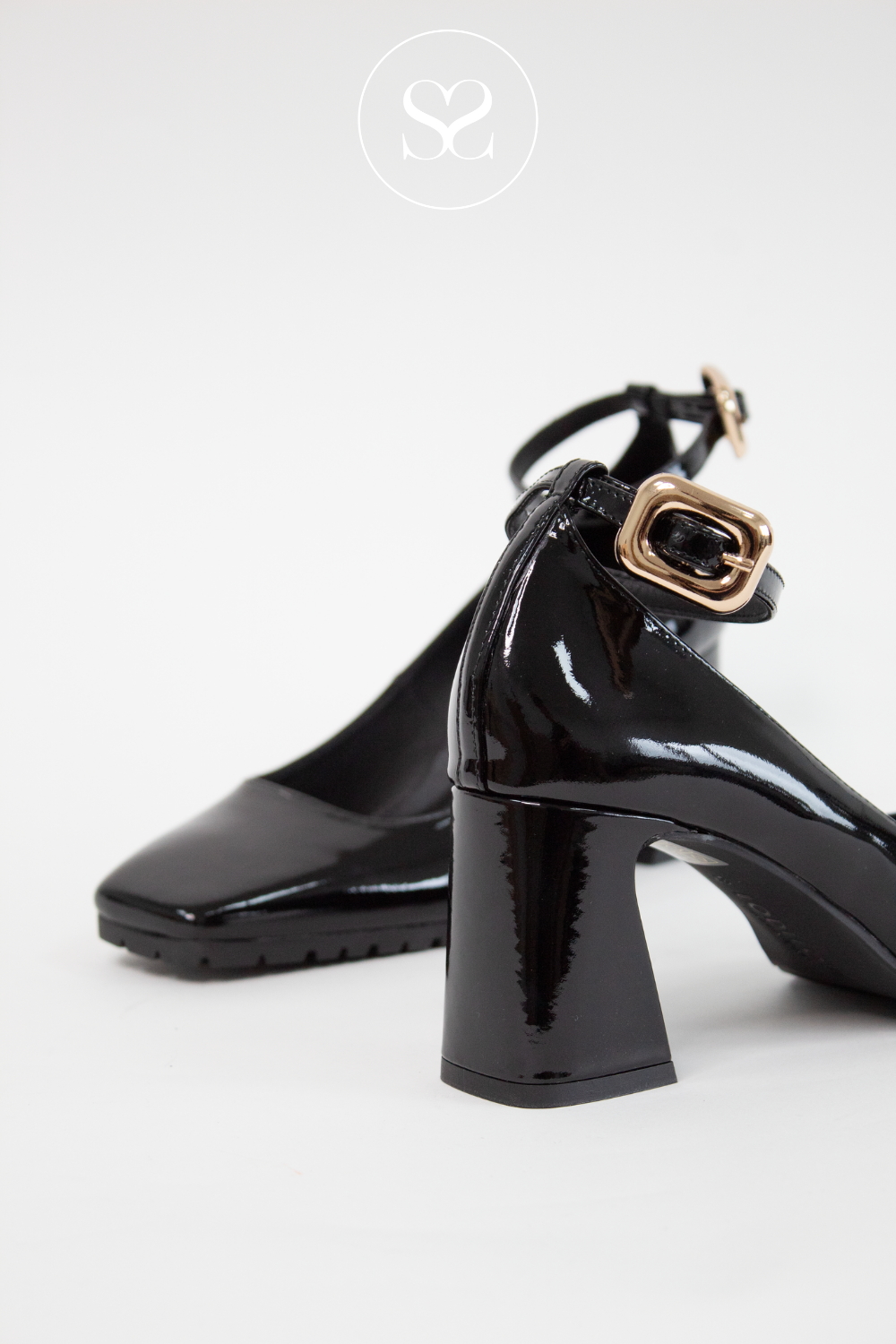 LODI BRE4921 BLACK PATENT LEATHER BLOCK HEEL MARY-JANE SHOES WITH GOLD BUCKLE