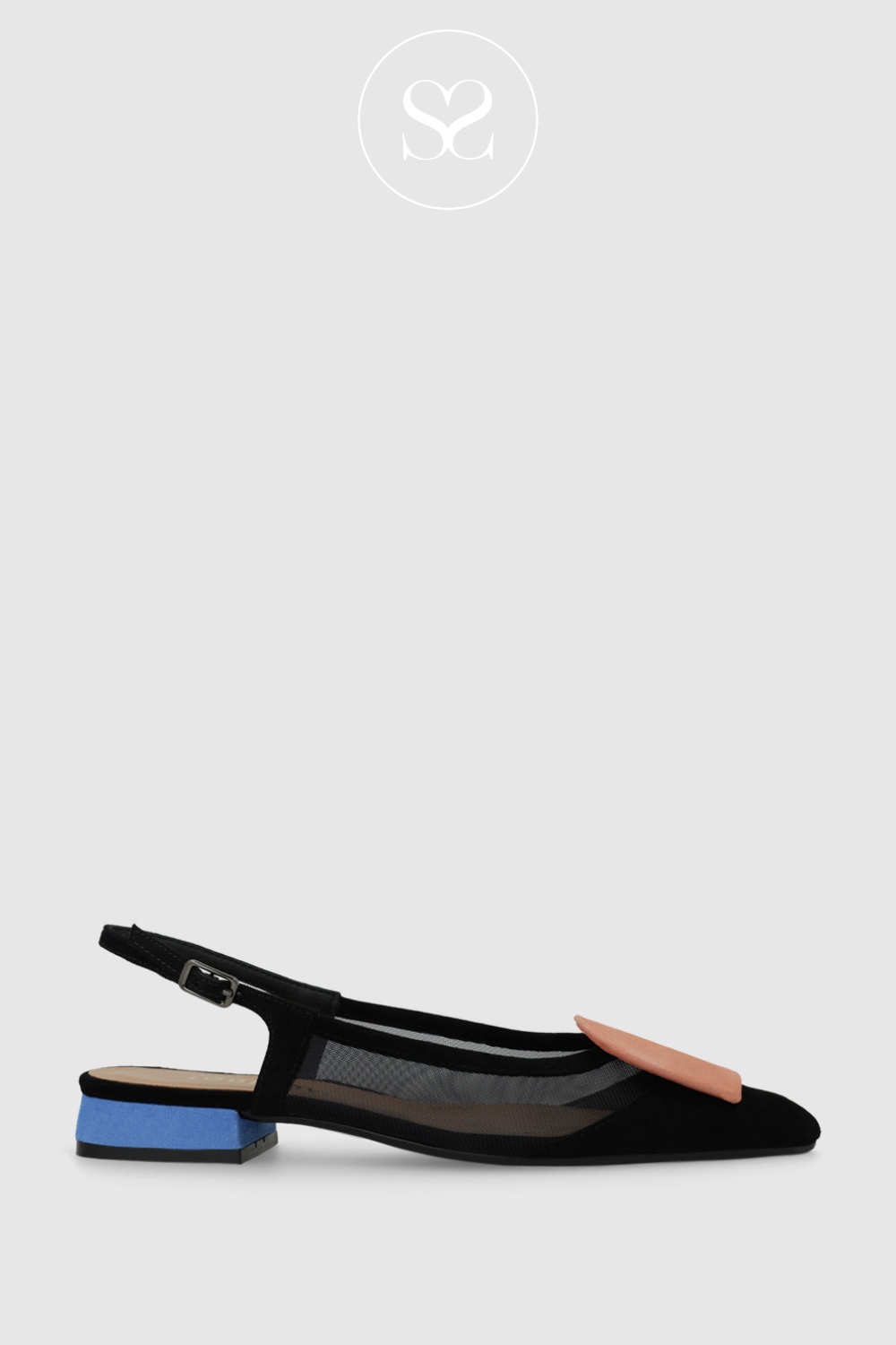 LODI BRO5264 BLACK FLAT PUMP SLINGBACK WITH BLUE ON LOW HEEL AND PINK SQUARE DETAIL ON TOE
