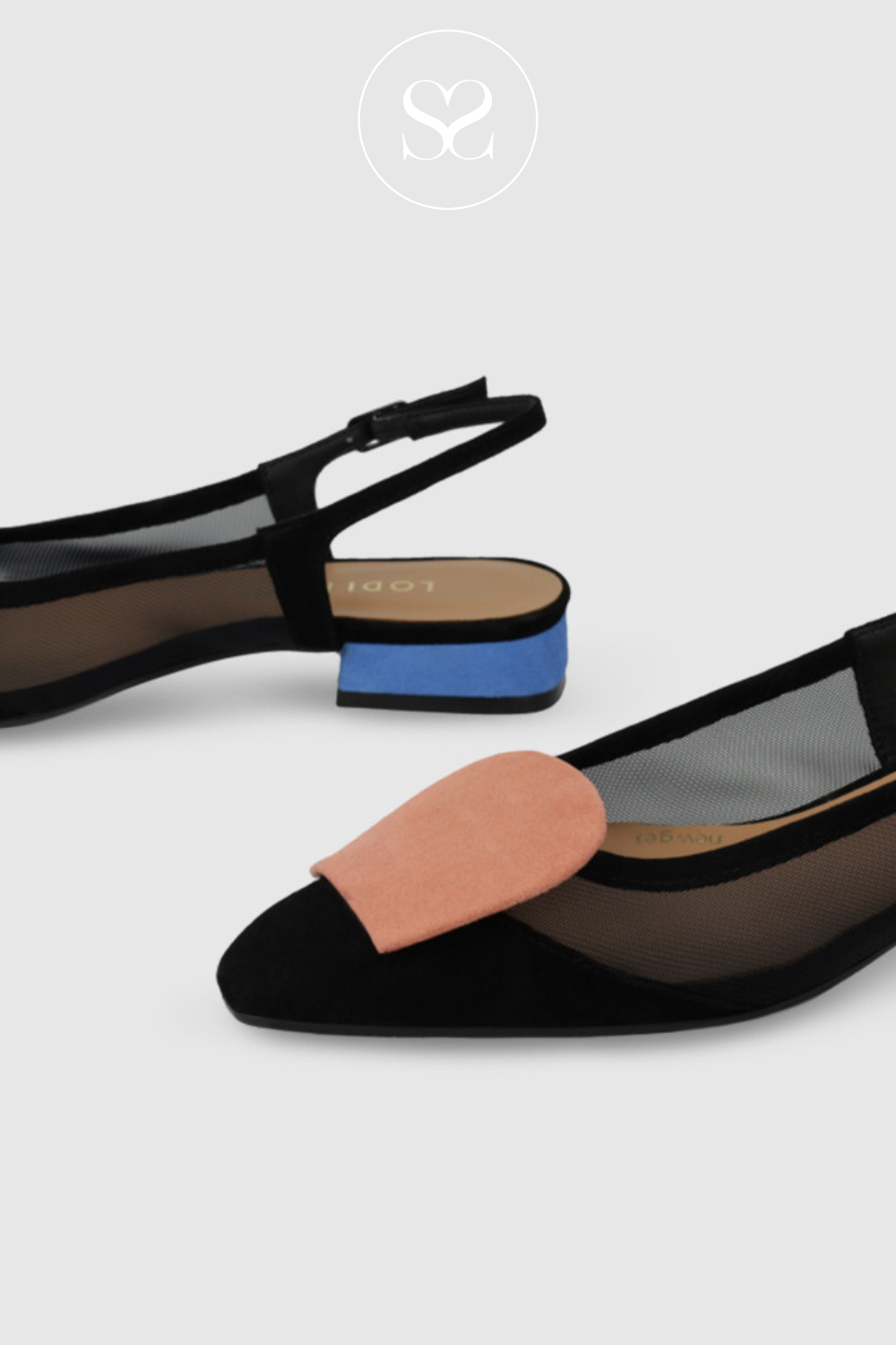 LODI BRO5264 BLACK FLAT SLINGBACK SHOE WITH COLOURFUL POP. CORAL PINK SQUARE DETAIL ON POINTED TOE AND BLUE HEEL
