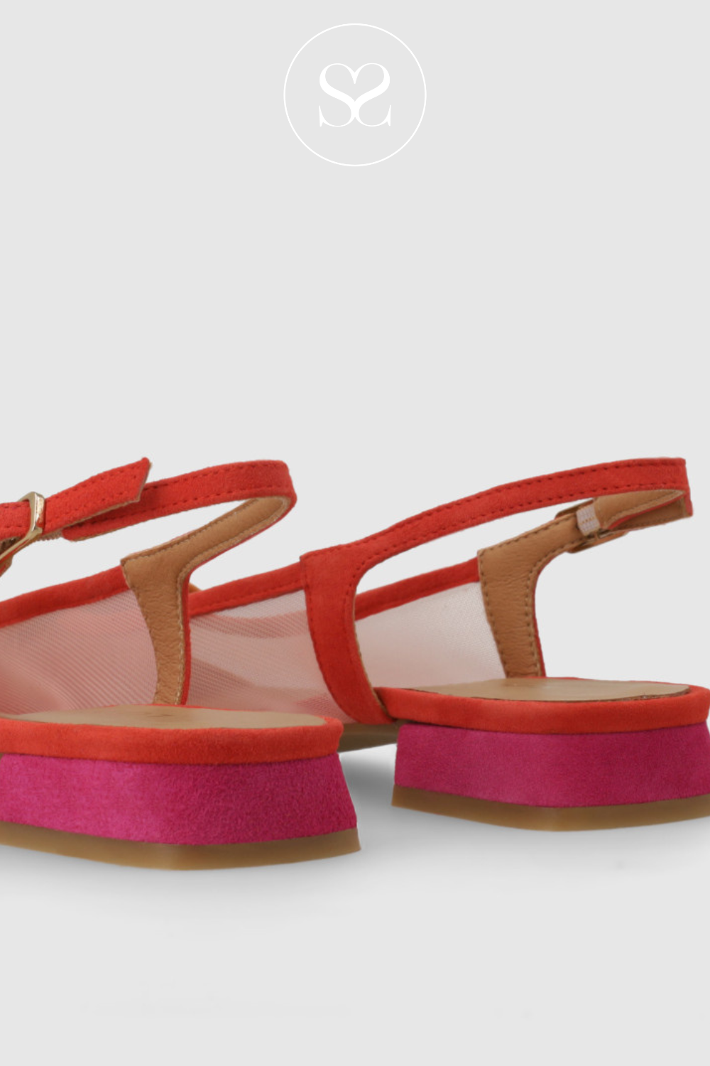 LODI BRO5264 SMART OFFICE SHOE WITH RED PINK AND ORANGE. SPRING PUMP WITH SLINGBACK