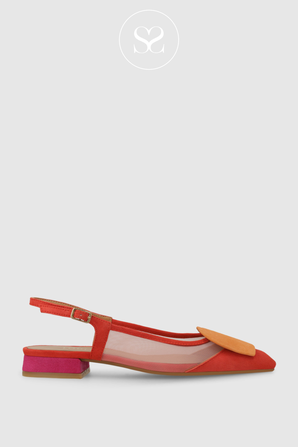 LODI BRO5264 RED FLAT LOW HEEL PUMP WITH MESH SIDES AND SLINGBACK WITH ADJUSTABLE STRAP AND GEL CUSHIONING.