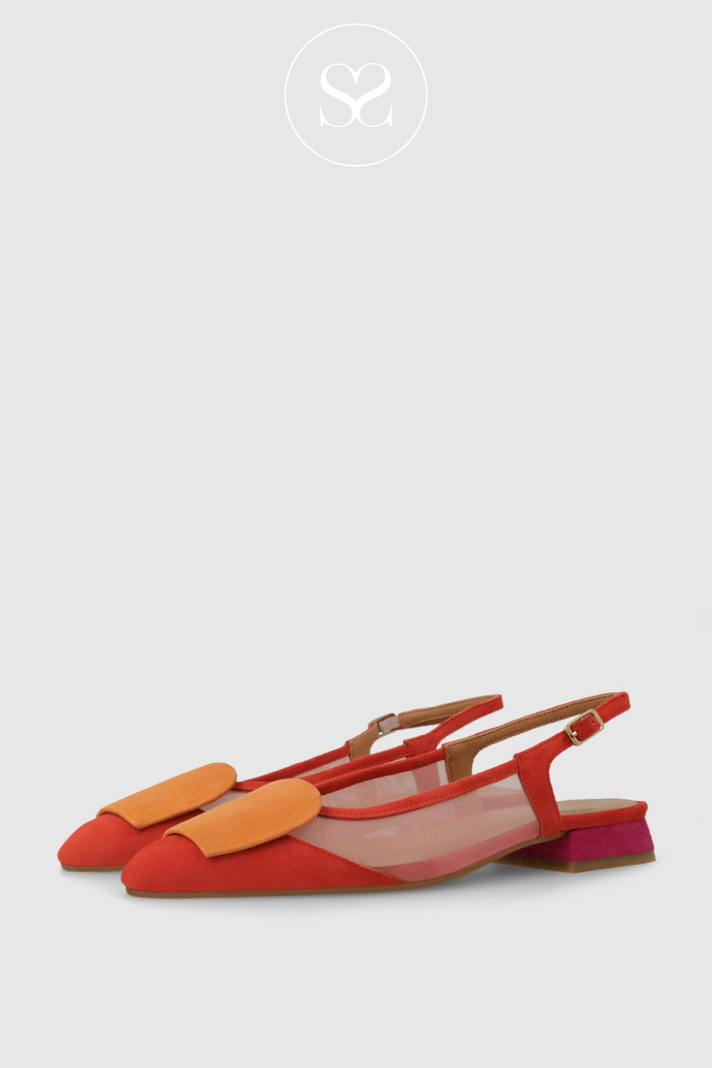 LODI BRO5264 RED FLAT SLINGBACK WITH ORANGE SQUARE DETAIL ON TOE AND PINK LOW HEEL