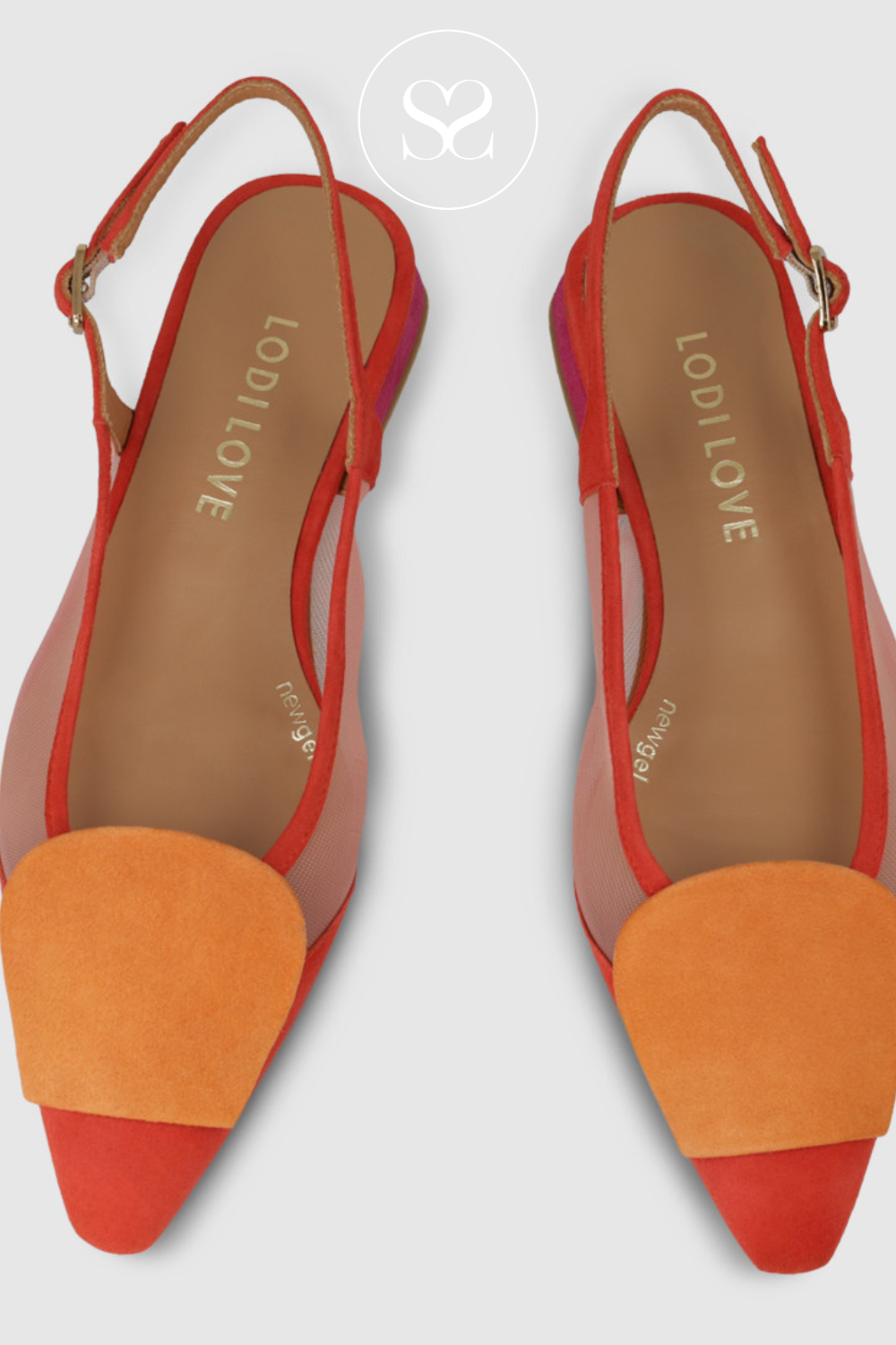 LODI BRO5264 RED PUMP WITH ORANGE AND PINK ON THE TOE AND HEEL. GEL CUSHIONING FOR COMFORT AND ADJUSTABLE ANKLE STRAP
