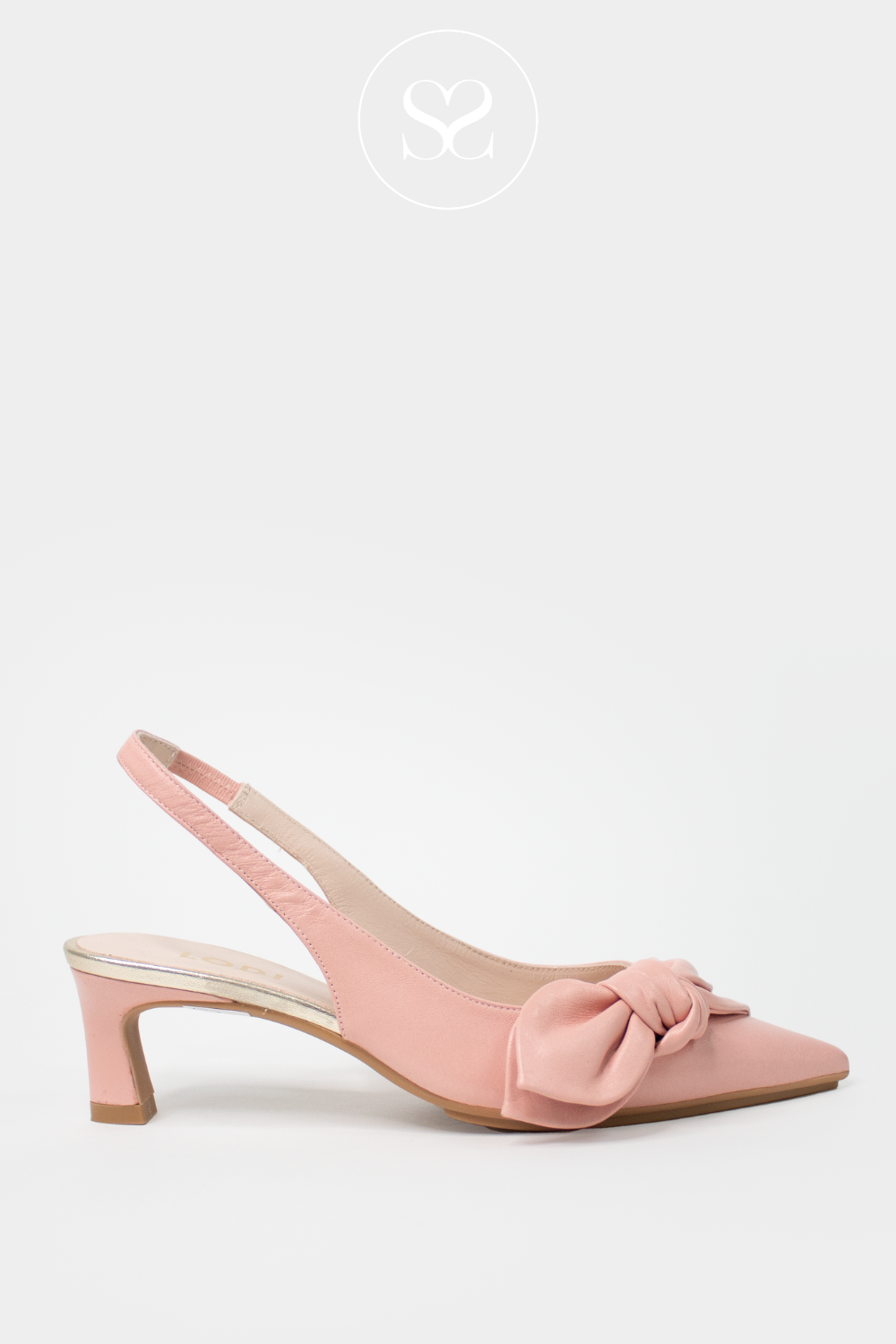 LODI CHESTINA PALE PINK LOW HEEL OCCASION SLINGBACK SHOE WITH KNOTTED BOW DETAIL TO FRONT, ELASTICATED STRAP AND GEL CUSHIONING FOR COMFORT