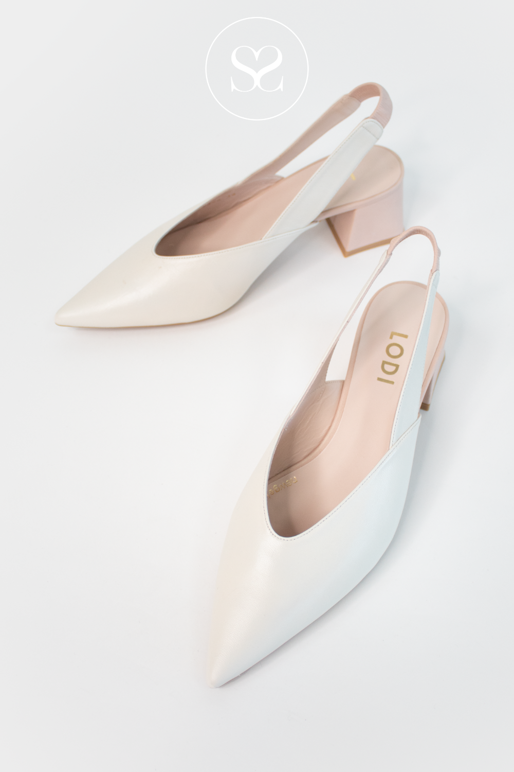 LODI CHISTA CREAM AND NUDE POINTED TOE LOW BLOCK HEEL ADJUSTABLE SLINGBACK WITH GEL CUSHIONING