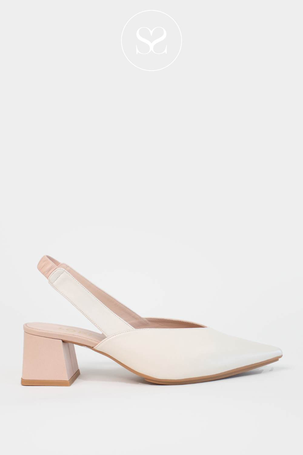 LODI CHISTA CREAM AND NUDE POINTED TOE LOW BLOCK HEEL ADJUSTABLE SLINGBACK WITH GEL CUSHIONING