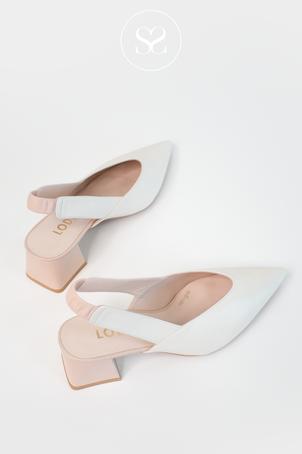LODI CHISTA CREAM AND NUDE TWO TONE SUMMER HEEL. POINTED TOE AND ELASTICATED SLINGBACK. BLOCK HEEL