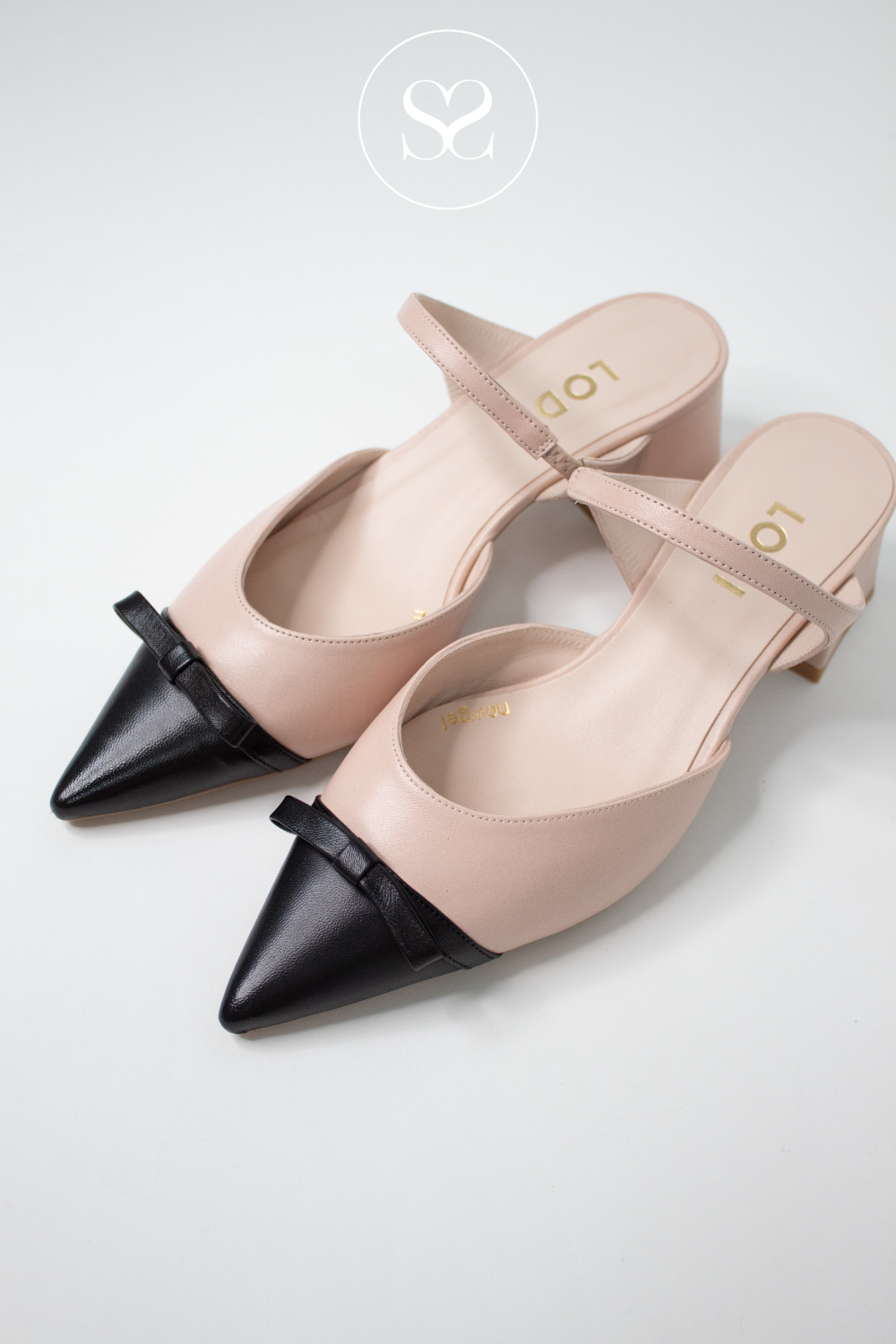LODI CHURE BLACK AND NUDE SOFT LEATHER BLOCK HEEL POINTED TOE WITH BOW DETAIL

