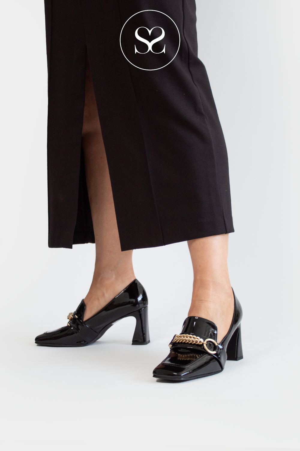 LODI ELUDIS BLACK PATENT LEATHER BLOCK HEELED LOAFERS WITH GOLD CHAIN DETAIL