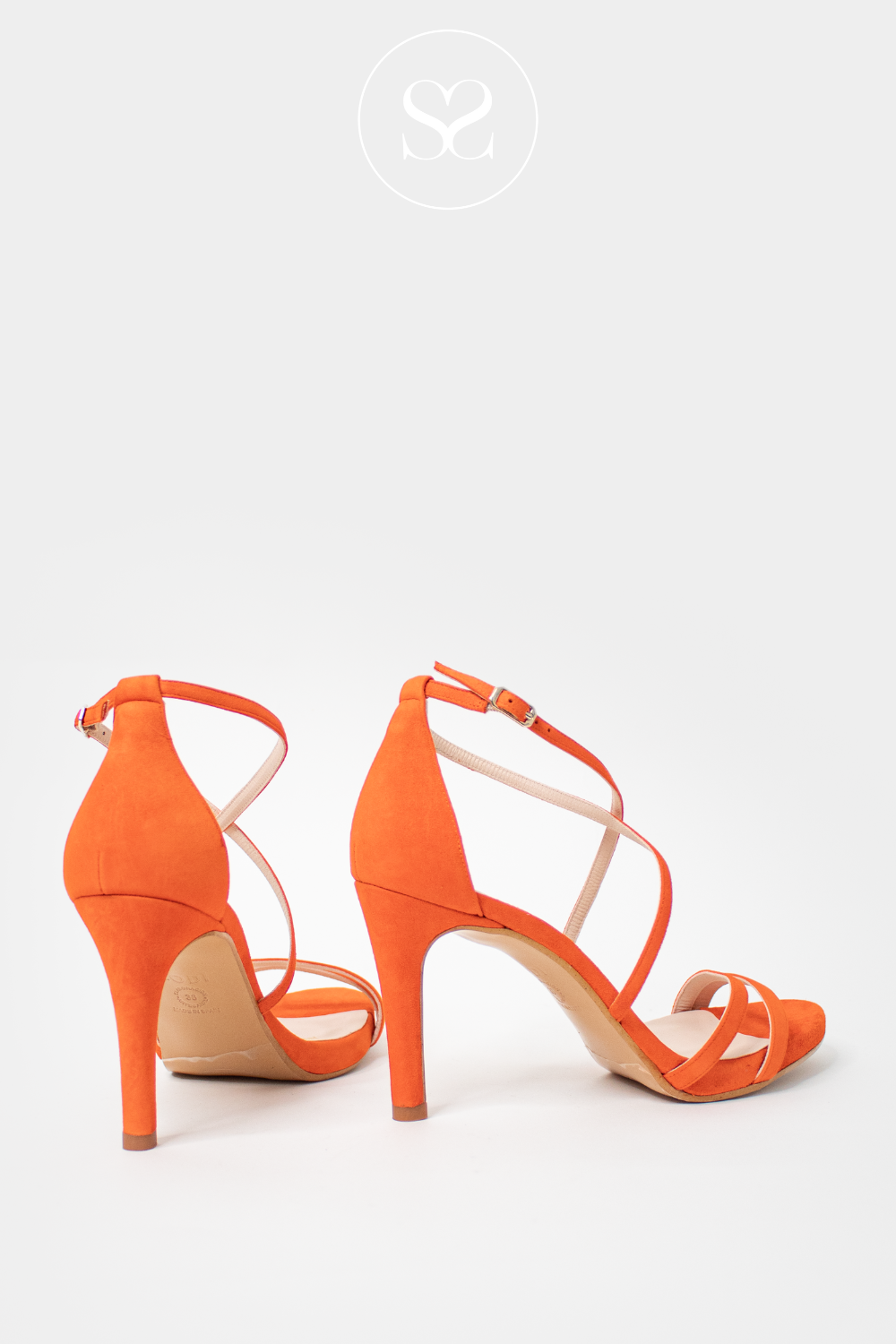 LODI INRIKO ORANGE SUEDE CRISS CROSS STRAPPY HIGH HEEL SANDALS WITH ADJUSTABLE ANKLE STRAP