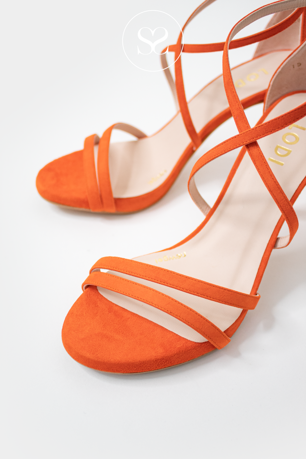 LODI INRIKO ORANGE SUEDE CRISS CROSS STRAPPY HIGH HEEL SANDALS WITH ADJUSTABLE ANKLE STRAP