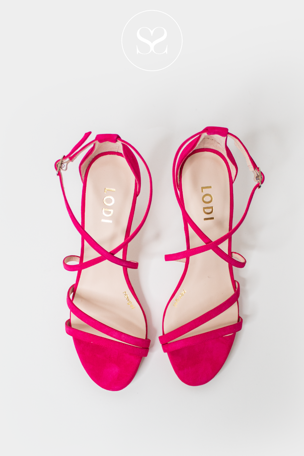 LODI INRIKO PINK SUEDE STRAPPY HIGH HEEL SANDAL WITH CRISS CROSS STRAPS AND ADJUSTABLE BUCKLE