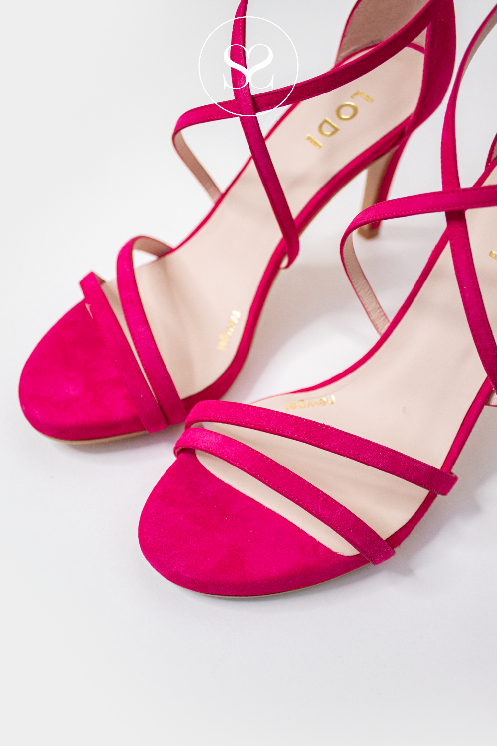 LODI INRIKO PINK SUEDE STRAPPY HIGH HEEL SANDAL WITH CRISS CROSS STRAPS AND ADJUSTABLE BUCKLE