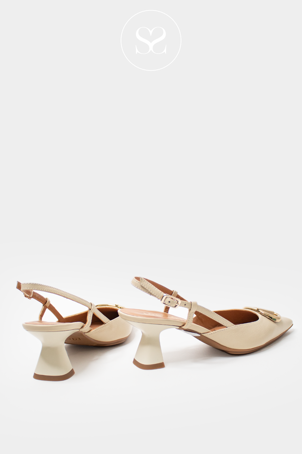 elegant lodi sling back shoes in cream with gold buckle detail