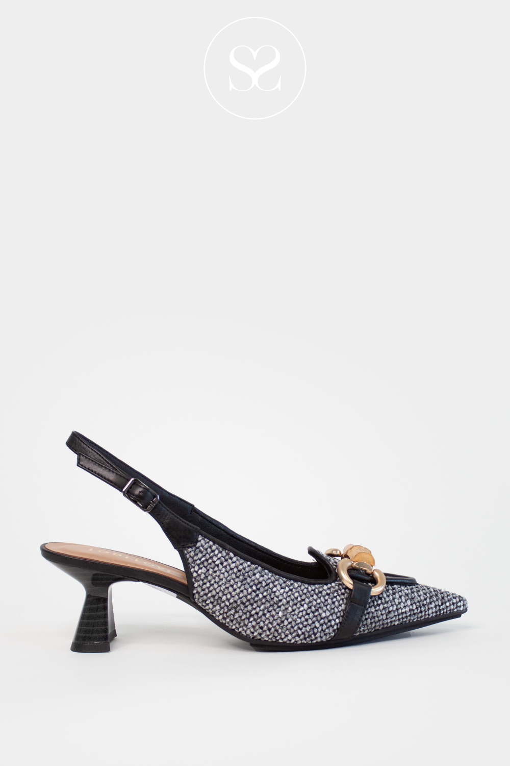LODI KAL5306 BLACK AND WHITE WOVEN LOW HEEL POINTED TOE SLINGBACK COURT SHOE