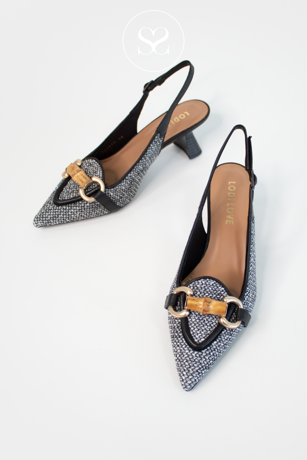 LODI LOVE KAL5306 BLACK AND WHITE WOVEN POINTED TOE SLINGACK WITH ADJUSTABLE STRAO AND LOW WIDE BASED HEEL