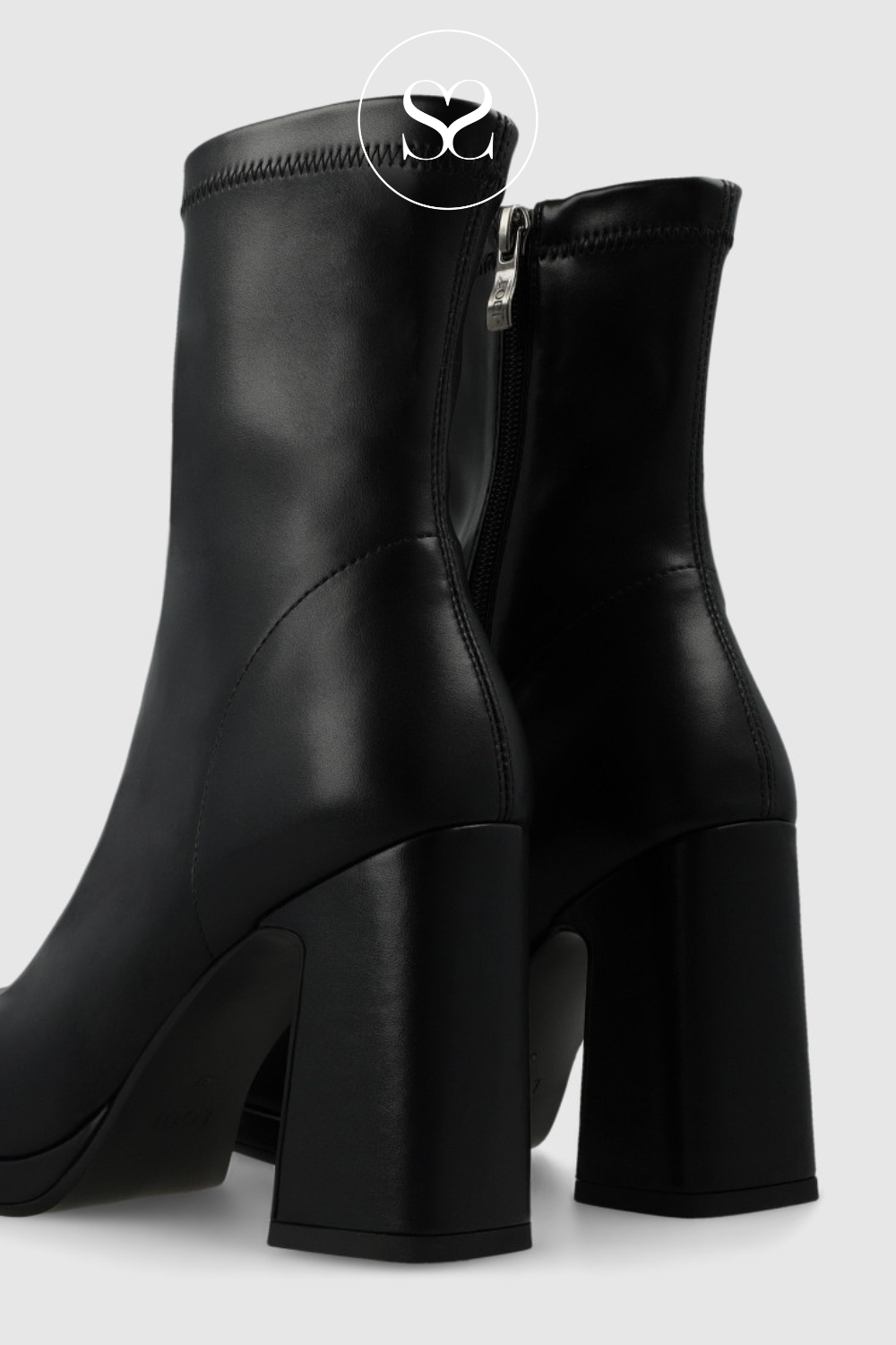 LODI LAIRA BLACK STRETCH LEATHER BLOCK HEEL ANKLE BOOTS