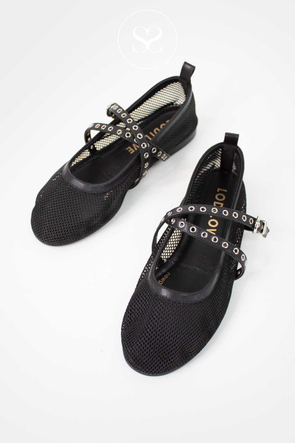 LODI BLACK MESH FLAT PUMPS WITH ROUND TOE AND DOUBLE STRAP. SILVER HARDWARE AND BUCKLE