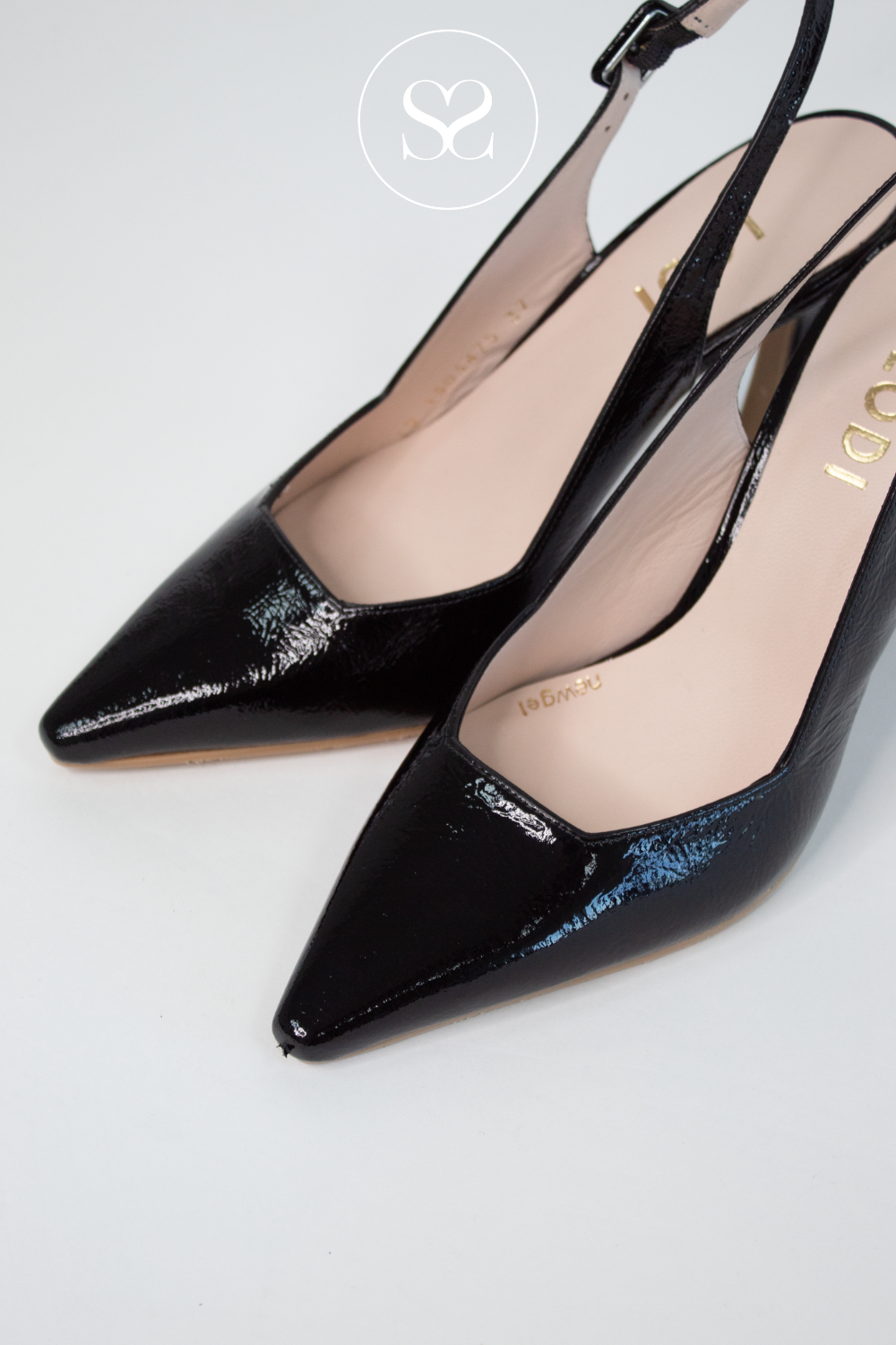 LODI MODERN BLACK PATENT LEATHER HIGH HEEL SINGBACK POINTED TOE SHOE WITH ADJUSTABLE SLINGBACK ANKLE STRAP, GEL CUSHIONING AND SCULPTED FLARED HEEL
