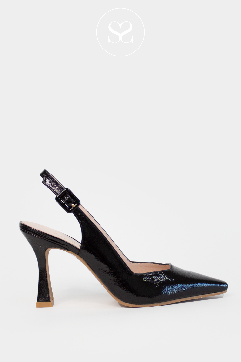 LODI MODERN BLACK PATENT LEATHER HIGH HEEL SINGBACK POINTED TOE SHOE WITH ADJUSTABLE SLINGBACK ANKLE STRAP, GEL CUSHIONING AND SCULPTED FLARED HEEL
