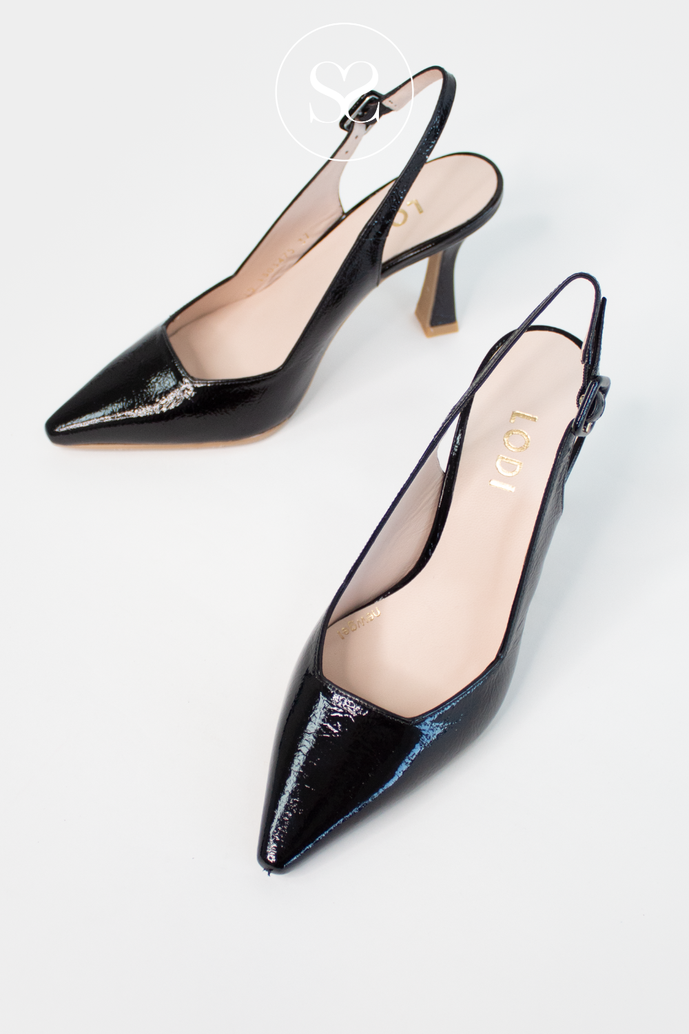 LODI MODERN BLACK PATENT LEATHER POINTED TOE SLINGBACK HIGH HEEL SHOE