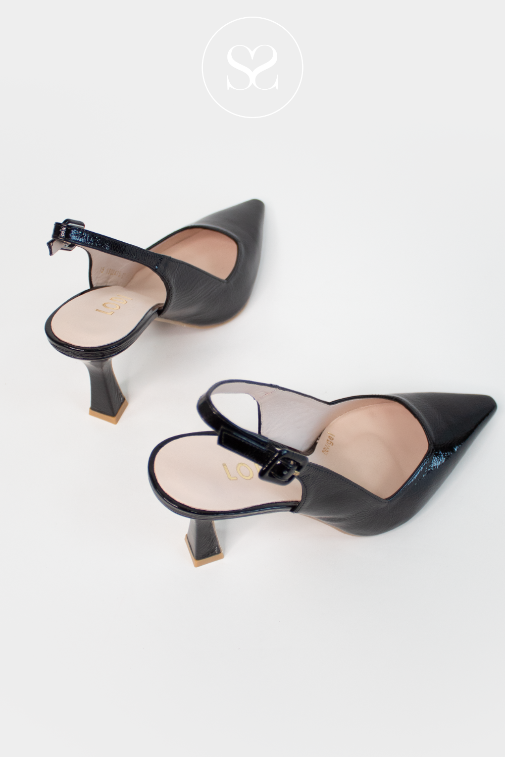 LODI MODERN BLACK HIGH HEELS, OCCASSION SHOE. PATENT LEATHER SLINGBACK. ADJUSTABLE STRAP