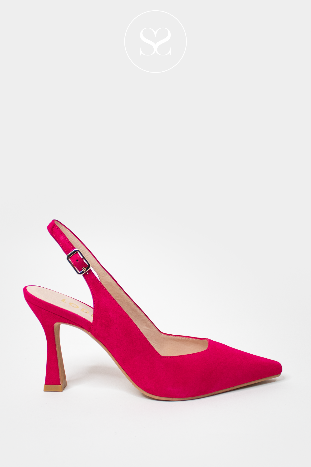 LODI MODERN PINK SUEDE POINTED TOE SLINGBACK HIGH HEEL WITH SCULPTED HEEL AND ADJUSTABLE ANKLE STRAP