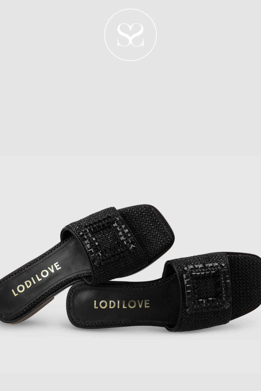 LODI NU4890 BLACK RATTAN SLIDER SANDALS. FLAST SUMMER SANDALS WITH SQUARE DIAMANTE DETAIL