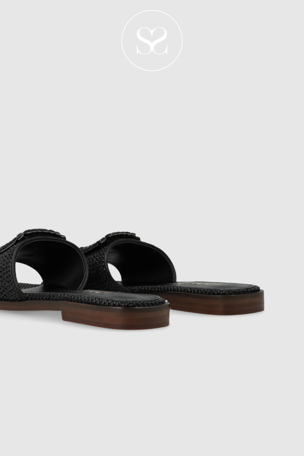 LODI NU4890 BLACK RATTAN SLIDER SUMMER SANDALS WITH BLACK JEWELLED SQUARE, WIDE BAND AND FLAT SOLE