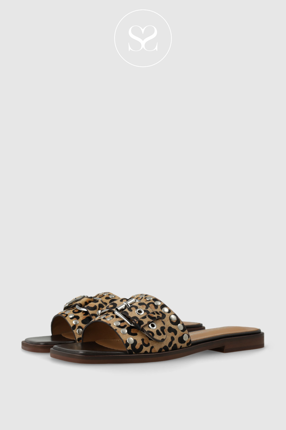 LODI NU5507 FLAT LEOPARD PRINT SLIDER SUMMER SANDALS WITH SLVER BUCKLE AND SQUARE TOE