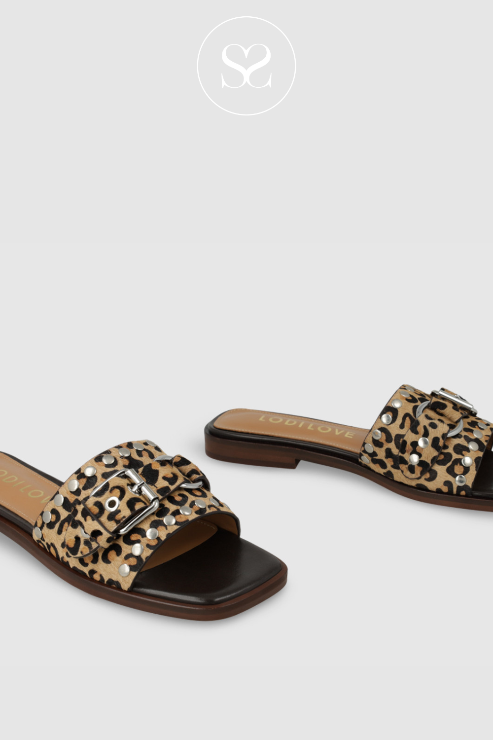 LODI NU5507 FLAT LEOPARD PRINT SLIDER SUMMER SANDALS WITH SLVER BUCKLE AND SQUARE TOE
