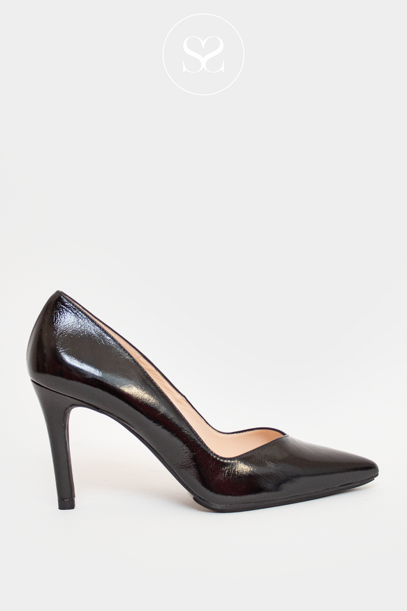 LODI RABOT BLACK PATENT COURT SHOE WITH A POINTED TOE AND HIGH HEEL STILETTO