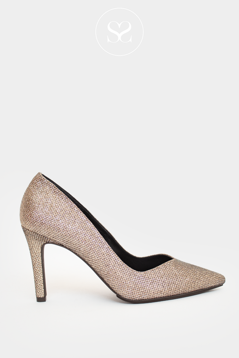 LODI RABOT GOLD SPARKLE HIGH HEEL STILETTO COURT SHOE WITH A POINTED  TOE 