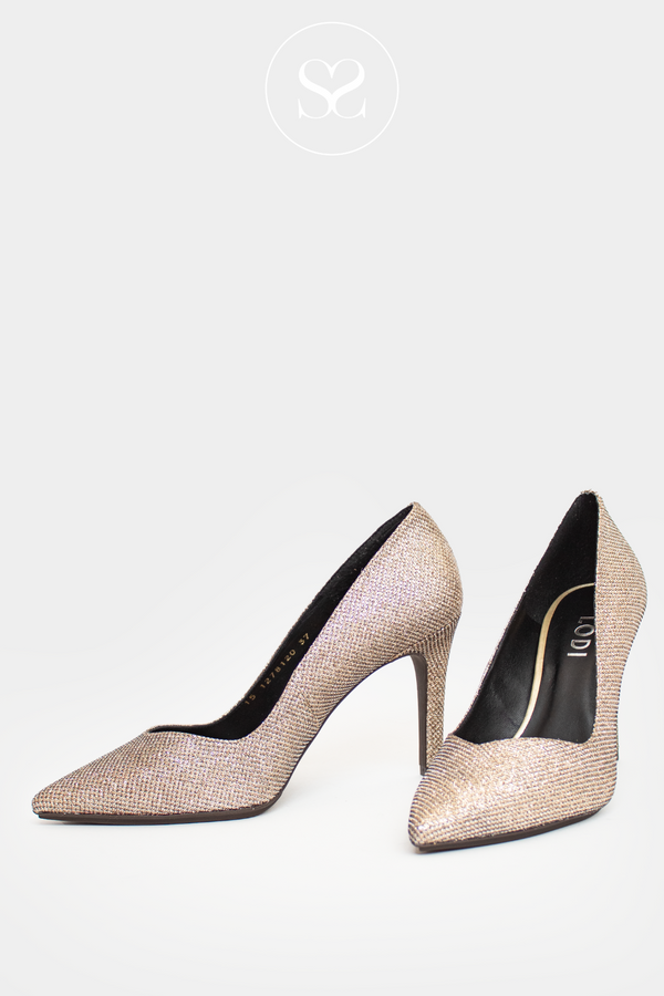 LODI RABOT GOLD SPARKLE HIGH HEEL STILETTO COURT SHOE WITH A POINTED TOE