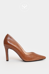 LODI RABOT TAN PATENT HIGH HEELED STILETTO COURT SHOE WITH  A POINTED TOE  AND V-CUT FRONT