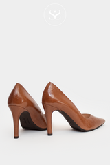 LODI RABOT TAN PATENT HIGH HEELED STILETTO COURT SHOE WITH A POINTED TOE AND V-CUT FRONT