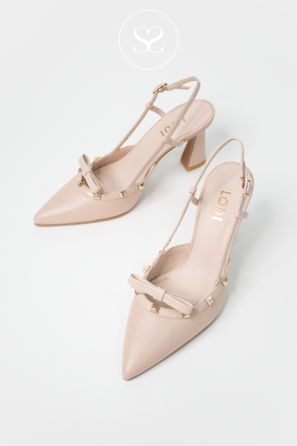 LODI RAMUSIR NUDE HIGH HEEL WITH WIDE BASE FOR STABILITY. ADJUSTABLE SLINGBACK STRAP AND GEL CUSHIONING
