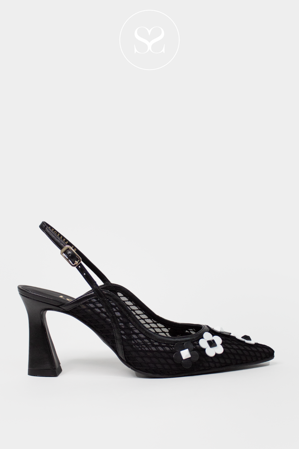 LODI RASERIA BLACK SLINGBACK HIGH HEEL WITH MESH AND WHITE FLOWER EMBROIDERY DETAIL ON POINTED TOE
