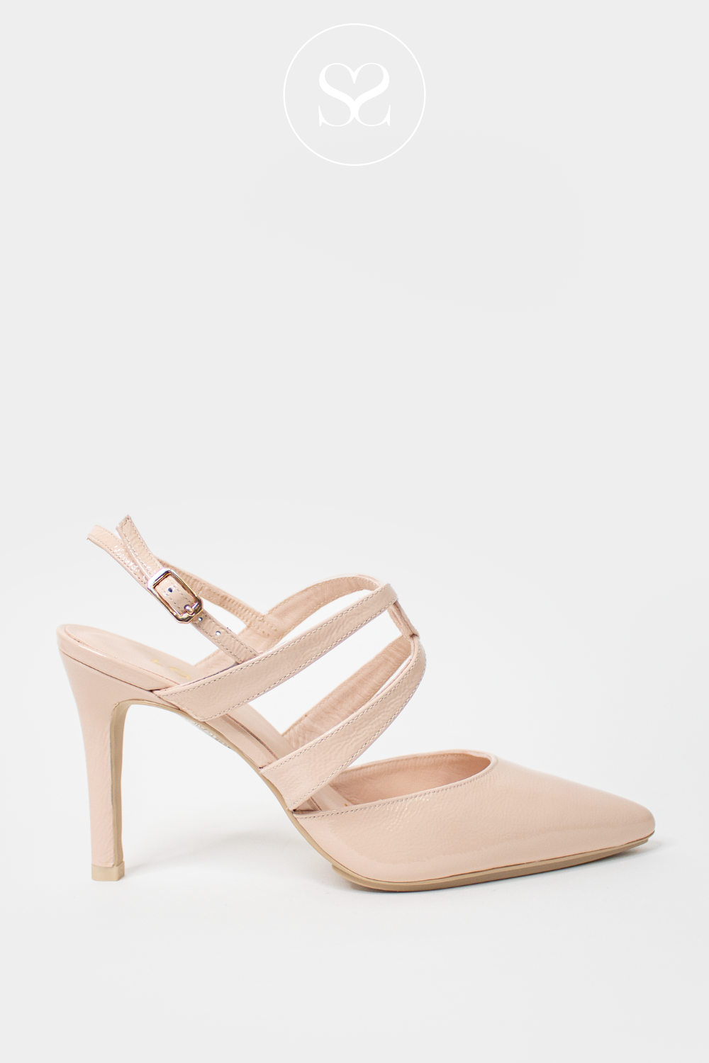 LODI RIANES NUDE PATENT POINTED TOE SLINGBACK WITH ADJUSTABLE STRAP AND CRISS CROSS STRAP DETAIL ACROSS FOOT