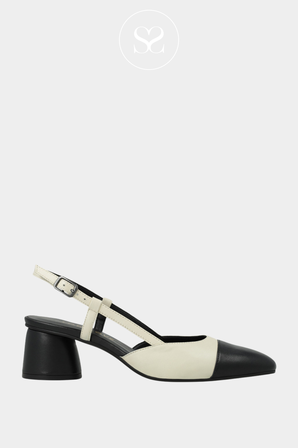LODI ROL4343 LOW BLOCK HEEL TWO TONE BLACK AND CREAM SOFT LEATHER SLINGBACK CLOSED TOE SHOE