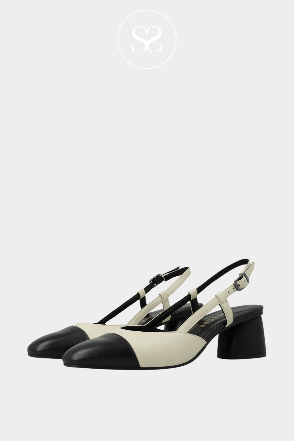 LODI ROL4343 BLACK AND CREAM ADJUSTABLE STRAP SLINGBACK WITH BLOCK HEEL AND GEL CUSHIONING FOR COMFORT