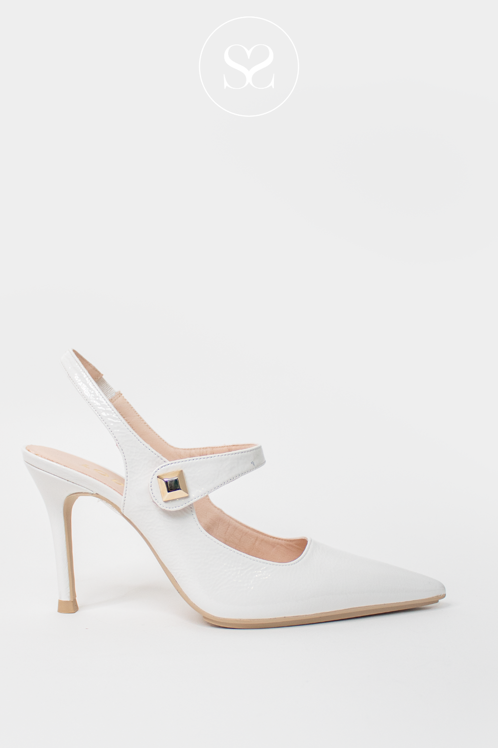 LODI SALEN WHITE PATENT POINTED TOE SLINGBACK HIGH HEEL WITH STRAP ACROSS FOOT