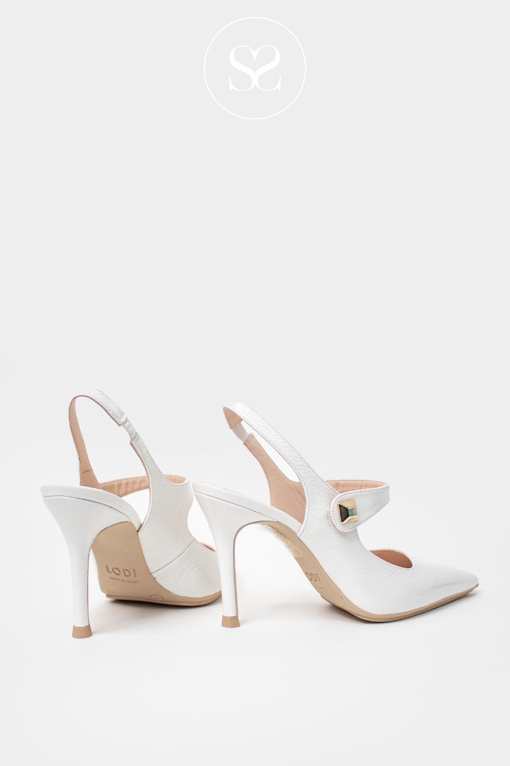 LODI SALEN WHITE PATENT POINTED TOE SLINGBACK HIGH HEEL WITH STRAP ACROSS FOOT